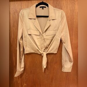 Love Tree Silk-Look Tan Button-Up Tie Front Shirt